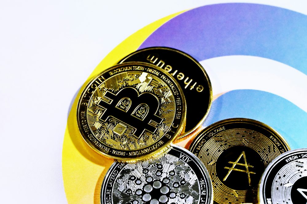 Bitcoin, Ethereum and Cardano coins on a colourful background